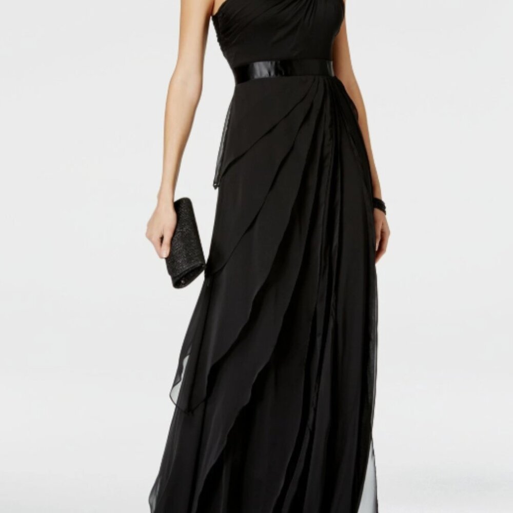 Adrianna Papell One-Shoulder Tiered Chiffon Gown Black 2 - Picture 4 of 4